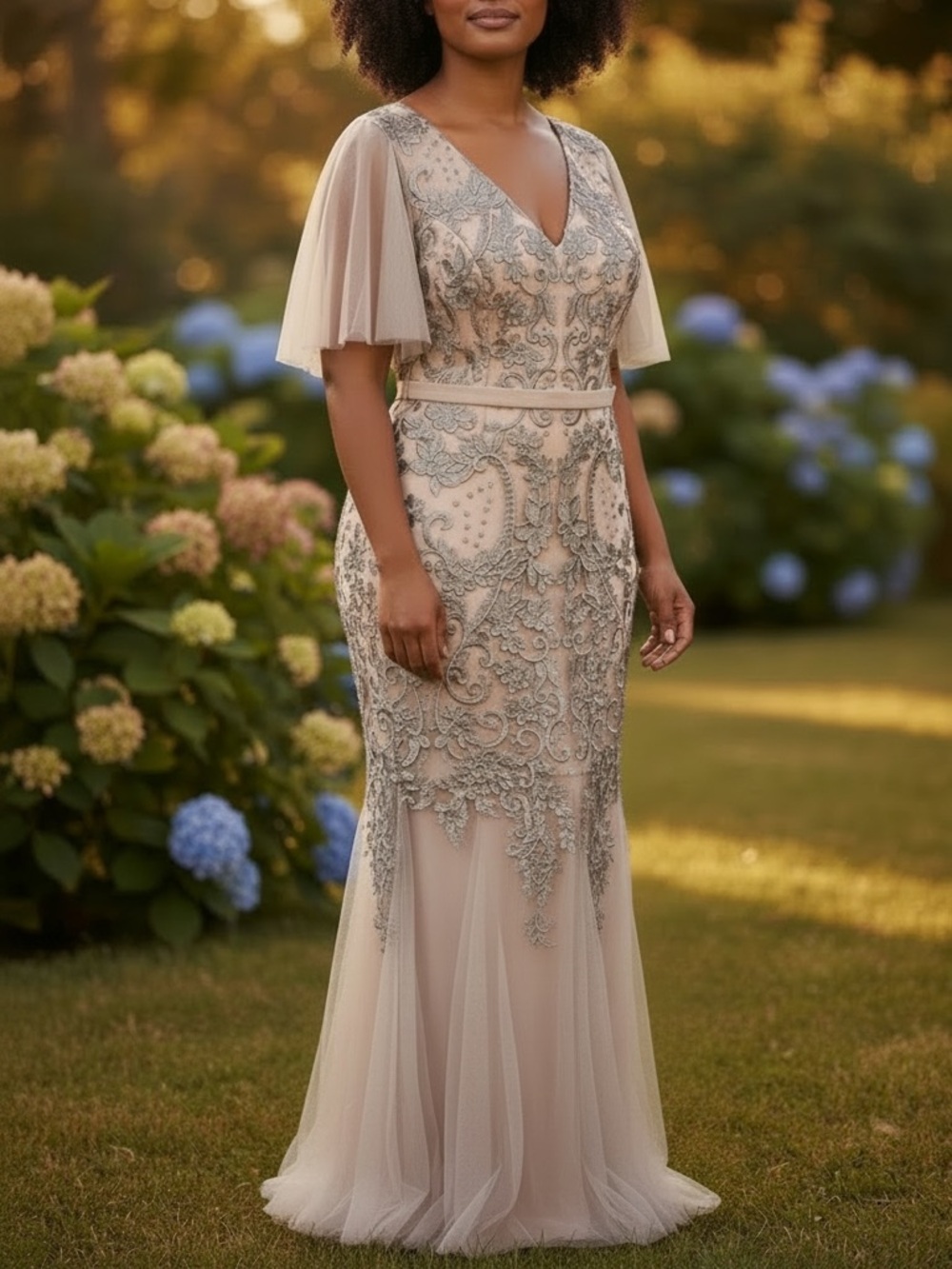 Embroidered V-Neck Taupe Evening Gown